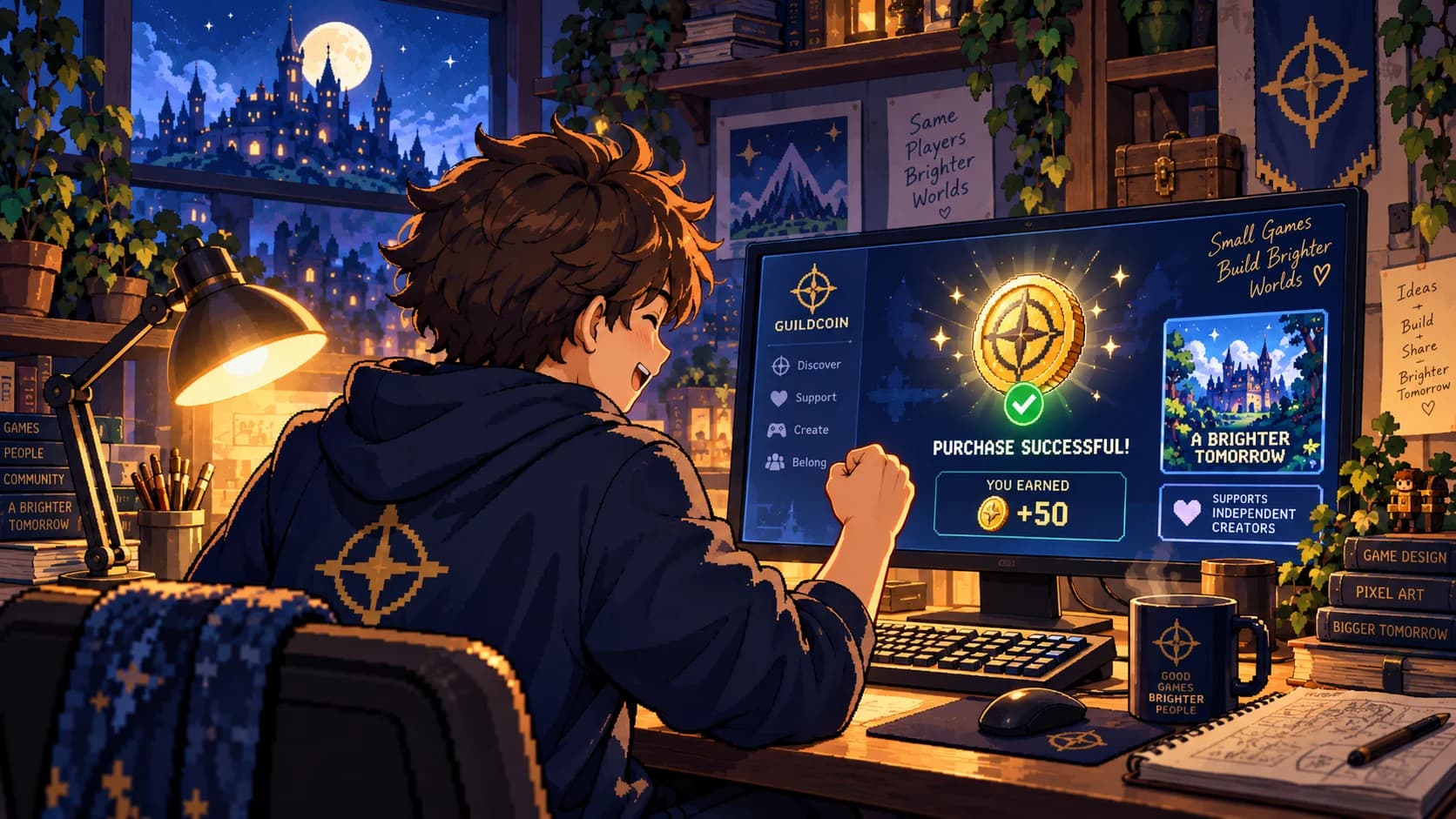 An independent game developer celebrating a sale in a warm, lantern-lit studio.