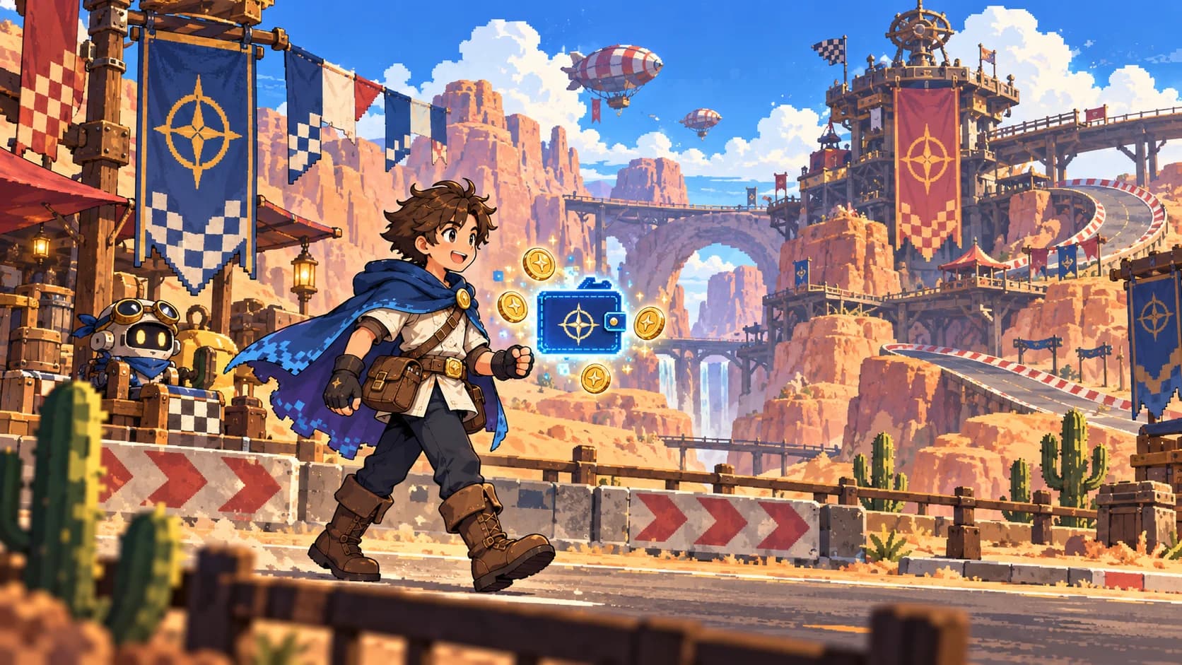 The same adventurer and wallet in a desert world of racetracks and airships.
