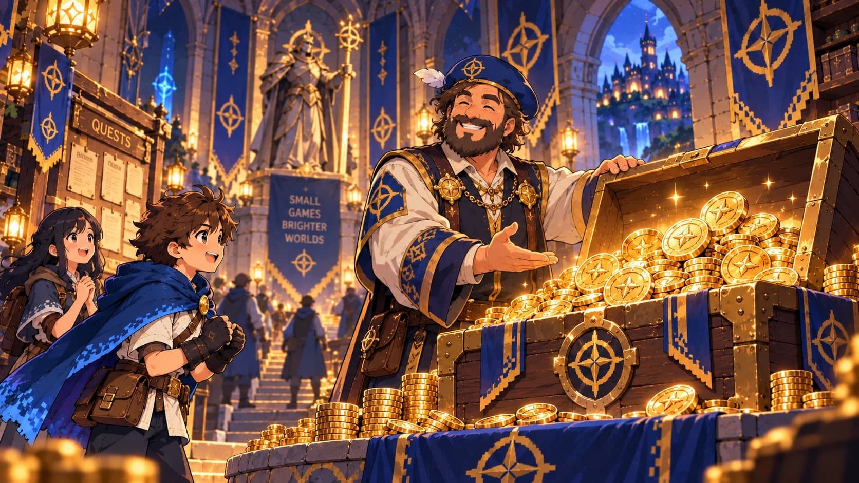 A welcoming guildmaster in a grand hall with blue banners and golden lanterns.