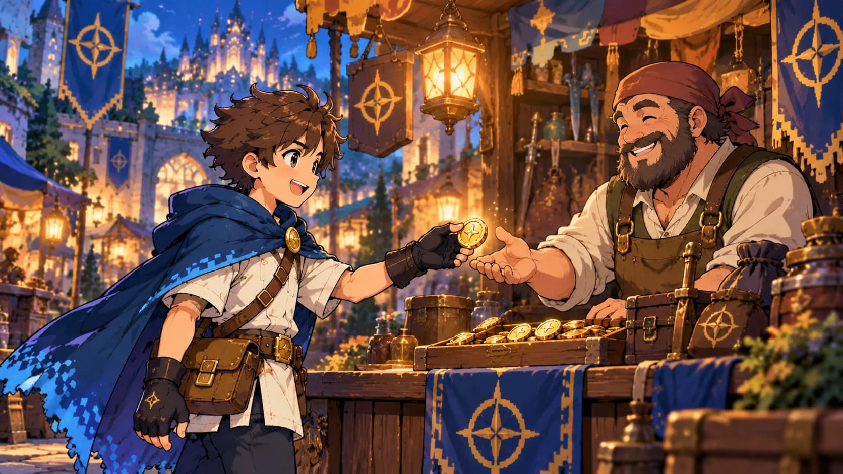 An adventurer spending a gold coin at a lantern-lit fantasy market.
