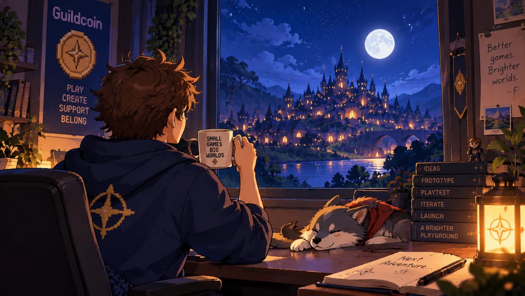 A game developer looking toward a moonlit castle, imagining the next adventure.