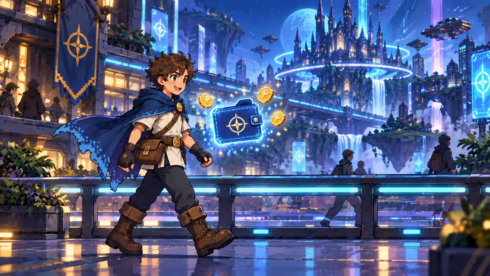 The adventurer arriving in a luminous city with floating castles.