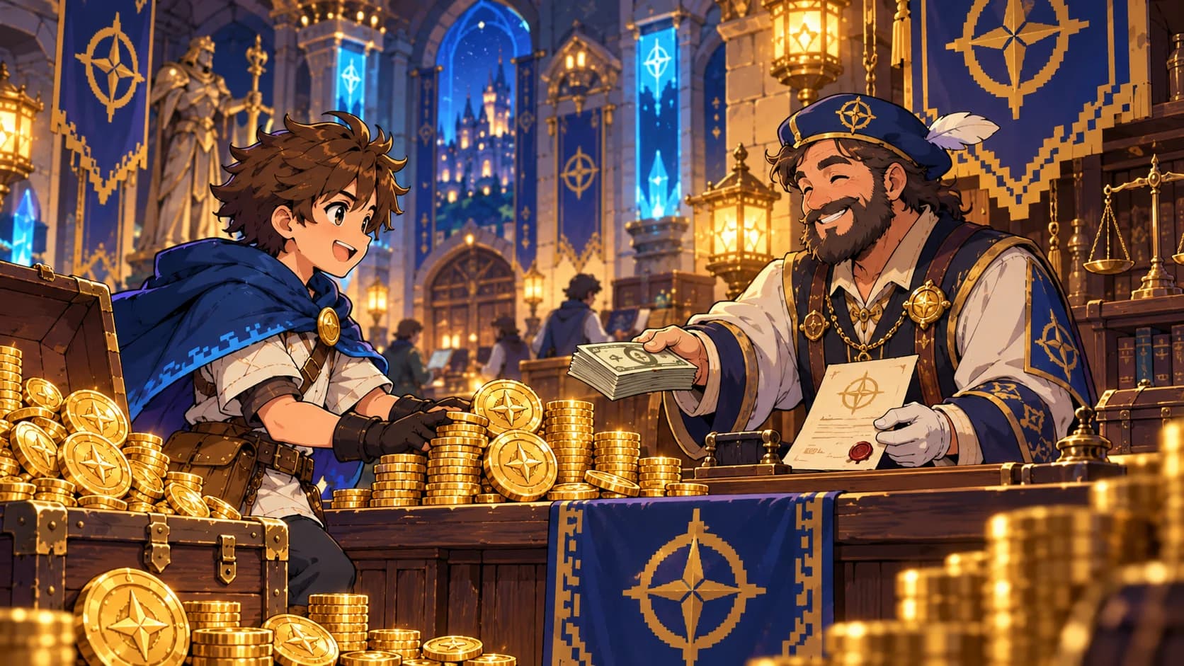 An illustrated exchange at the guild treasury, representing eligible developer payouts.