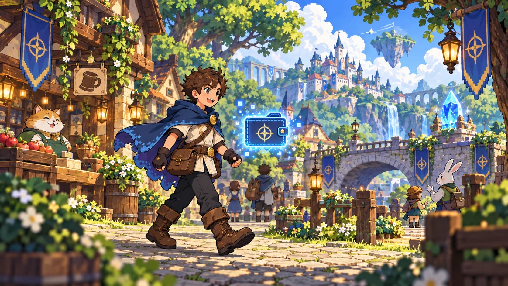 A blue-cloaked adventurer carrying a glowing wallet through a sunlit village.